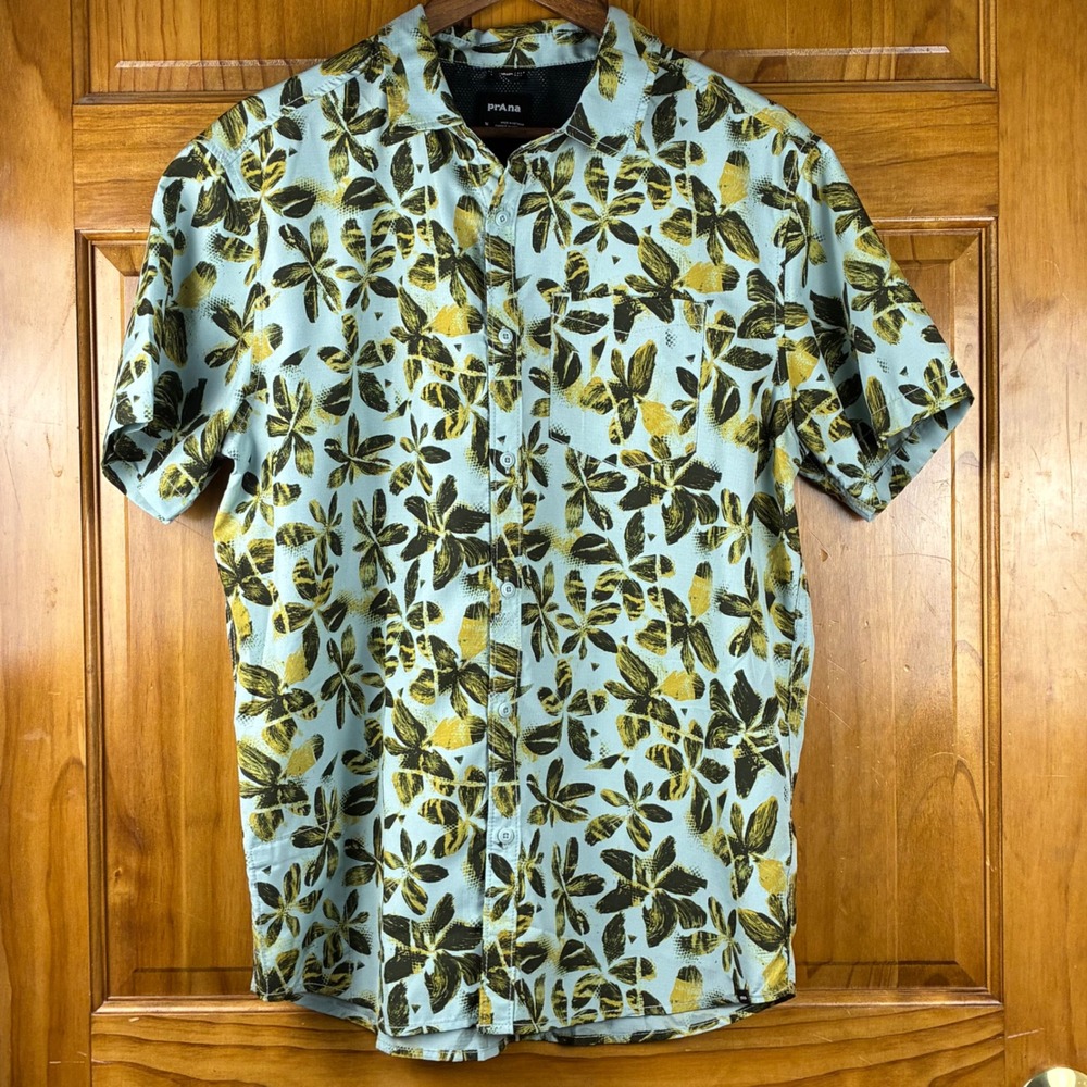 Prana Mens Short Sleeve Button Down Shirt Blue Floral‎ Ripstop UPF 30 Gorpcore M